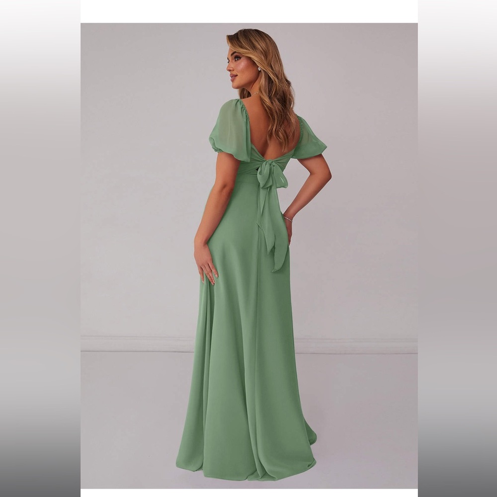 floor length dress, pleated V-neckline puff sleeves, scoop back